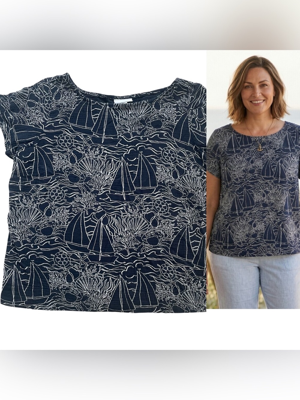 J. Jill Navy Nautical Print Short Sleeve Tee